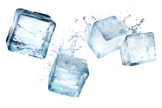 Four pieces of flying ice cubes, white background