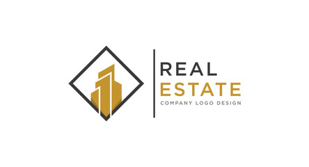 Black and Gold Real Estate Logo Image on White Background. Flat Vector Logo Design Template Element for Construction Architecture Building Logos.