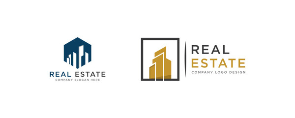 Premium Set of Black and Gold Real Estate Logo Image on White Background. Flat Vector Logo Design Template Element for Construction Architecture Building Logos.