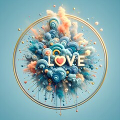 Circular background with light blue edges, inside the circle the text  " love " .
