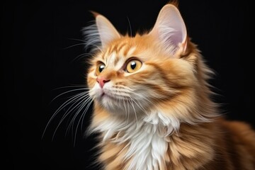 Adorable cat on black background, closeup with space for text. Lovely pet