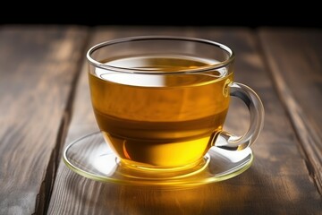 a Tea in glass cup on wooden table indoors, closeup