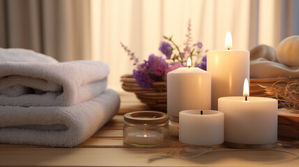 Fototapeta na wymiar Beautifully decorated spa such as towels, candles, essential oils healthy lifestyle Body and skin care, close-up