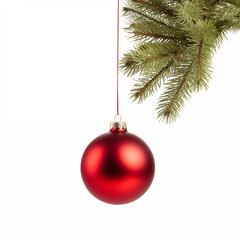 Classic Red Christmas Bauble Hanging from Festive Pine Branch