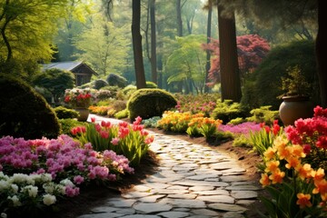 Highlight the beauty of a serene garden in full bloom