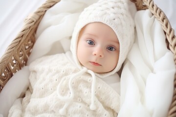 Fototapeta na wymiar Cute newborn baby on white blanket in wicker crib, closeup