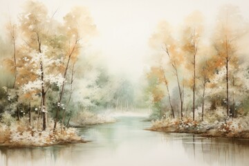 Handcrafted watercolor painting of a serene forest landscape