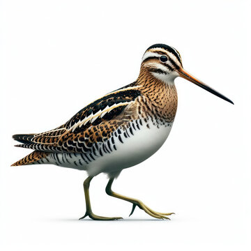 snipe perching bird, wader bird, ave zancuda, Agachadiza de Wilson, isolated White background