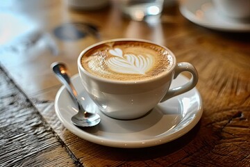 Morning delight. Hot cappuccino latte and espresso cups on wooden cafe table. Coffee artistry. Brown foam on background