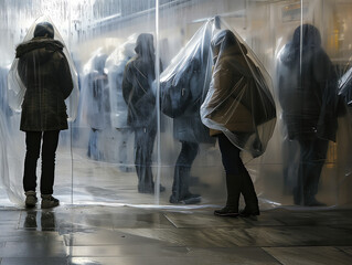 People walking down the street. Abstract image with people covered with plastic. Symbolizes environmental problems and the spread of various psychological problems in modern society