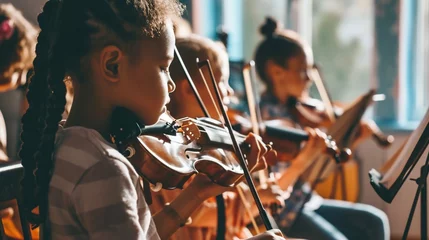 Foto op Canvas Children students learning violin music class classroom study instruments © kraftbunnies