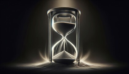 Hourglass with light and shadow on black background. 3D rendering. Concept of time and deadline.
