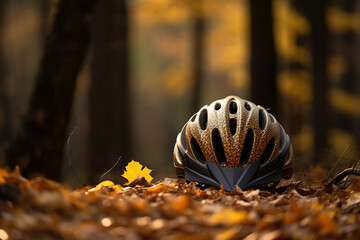 Bicycle helmet woods background. Ai generative - obrazy, fototapety, plakaty