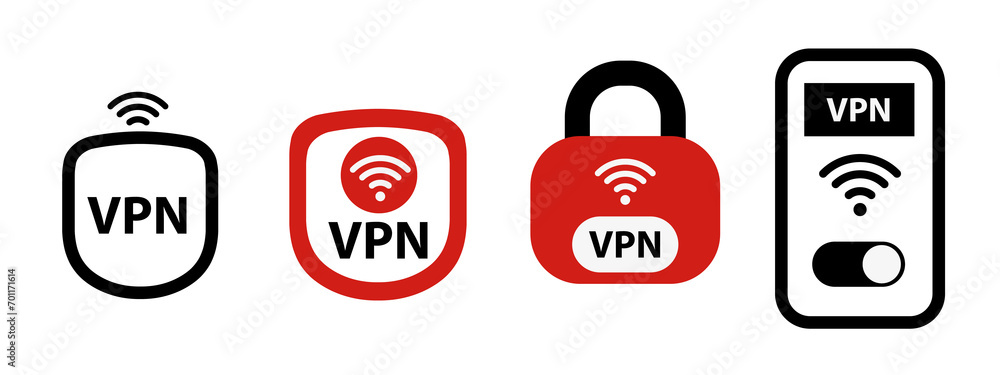Poster set vpn icons. vpn shield and lock with vpn icon. safe for wifi and server. wifi internet signal sym