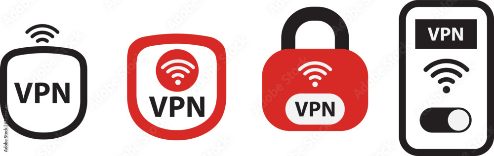 Poster set vpn icons. vpn shield and lock with vpn icon. safe for wifi and server. wifi internet signal sym