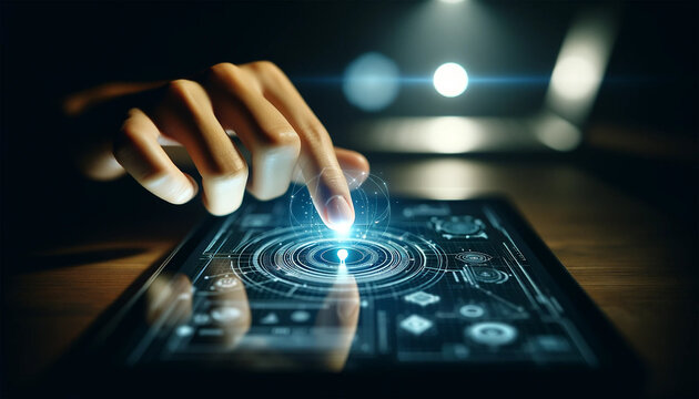 Hands operating future technologies, interactive tablet interfaces, navigation in the digital world, touch screen technology, innovative touch panels, Generative AI