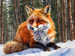 Fototapeta premium watercolor illustration fox in the snow
