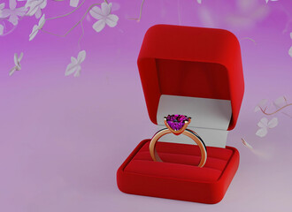 3d diamond ring in red ring box with flower valentine day background