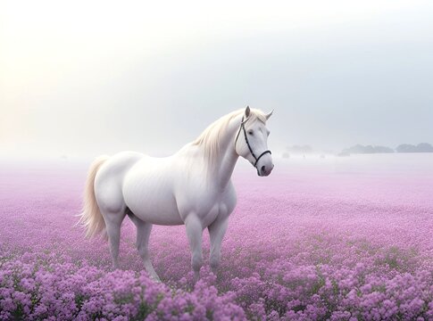 White horse walking through the mist in the morning in a beautiful flower garden, beautiful background and wallpaper