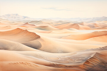 Fototapeta na wymiar Endless deserts unfold, dunes shaped by the wind into mesmerizing, shifting patterns. A timeless scene in a watercolor painting.