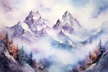 Majestic mountains ascend to the heavens, veiled in ethereal mist and crowned with glistening snow-capped peaks—a picturesque watercolor painting.