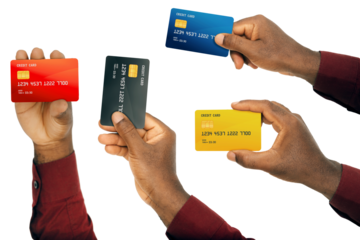 Set of Black hands in red wine long sleeve shirt holding generic ATM cards isolated on transparent background. male hand holding, Card template, clip mask