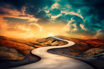 Fototapeta premium The road is not smooth and winding. Abstract visual concept of life path and decision making. psychology of a person's life path. 