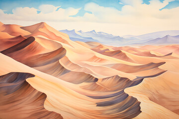 Endless deserts unfold, dunes shaped by the wind into mesmerizing, shifting patterns. A timeless scene in a watercolor painting.