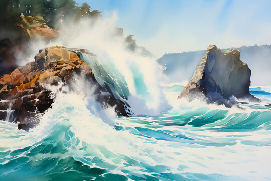 Dramatic cliffs plunge into the untamed ocean, where crashing waves collide with sheer rock faces, crafting a mesmerizing display of power and beauty—a watercolor painting.