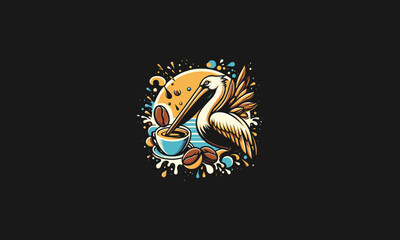 head pelican and coffee vector illustration logo flat design