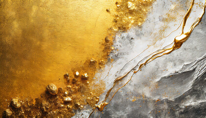 Gold and silver background, gold nuggets, flowing gold, cracks, unevenness