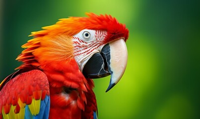 beautiful Scarlet macaw on a green background, close-up