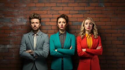 Fototapeta na wymiar Well-dressed office workers standing against a brick wall - vibrant colors - office - quirky humor 