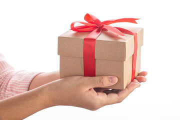 Women hand holding gift box isolated on white background