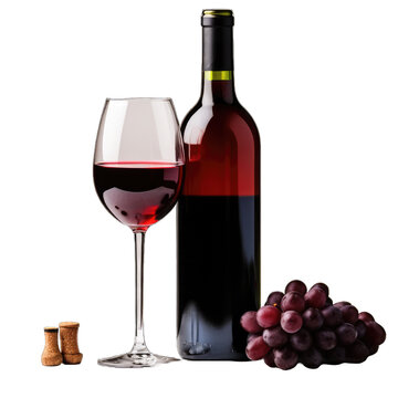A glass of red wine with a clear stem and base is partially filled and placed beside the bottle