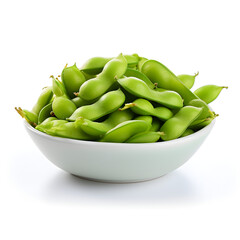 Edamame soybeans in a white bowl with a white background 