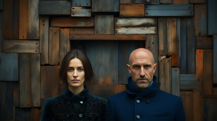 Retro style photo of a Midwestern farmer and wife against a blue barn backdrop - vintage feel - hard working - tough. - weathered - rural couple