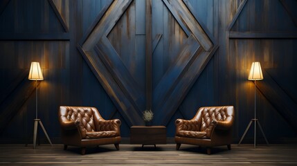 Two leather chairs - barnwood background - lamps - cabin - rustic - design and decor - living room