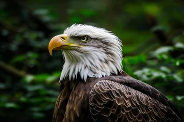 Foto op Plexiglas A photograph captures a proud eagle, possibly a bald eagle, with a focus on its beak, against a backdrop of trees. © Duka Mer