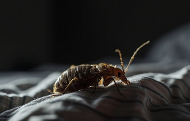 An insect, resembling a bug, is on a bed and has a life inside the human body with insect-like forearms folded. - obrazy, fototapety, plakaty