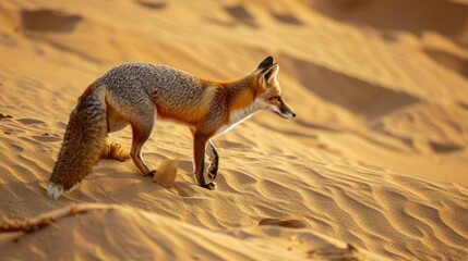 A red fox is standing on a sandy beach, flying through the landscape with a cute, digital, anthropomorphic appearance. - obrazy, fototapety, plakaty