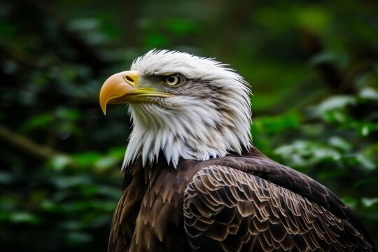A photograph captures a proud eagle, possibly a bald eagle, with a focus on its beak, against a backdrop of trees.