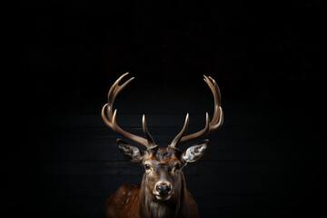 A sharp, front-facing portrait showcases a deer with antlers on its head.