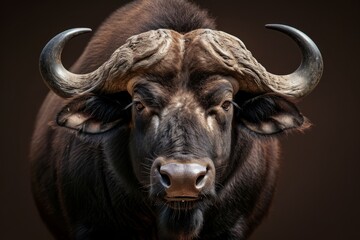 An intimidating animal, resembling a bull or buffalo, displays a fierce expression and large horns.