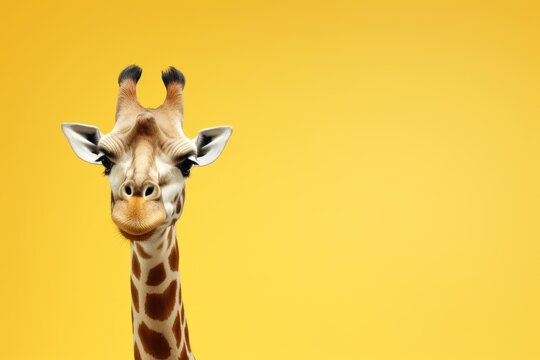 A giraffe, distinguished by its long neck, poses against a yellow background, appearing almost cartoon-like.