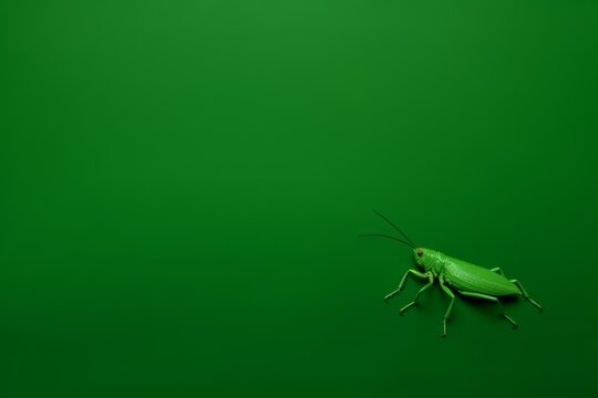 A green insect, possibly a grasshopper or praying mantis, rests on a contrasting green surface.