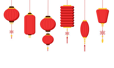 Set of red chinese lantern with different shape flat illustration vector