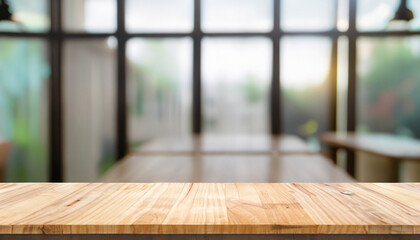 Empty wooden table and blur glass wall background window room interior decoration background, product montage display