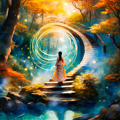 Imaginary depiction of a woman going to heaven. The dreamy scene unfolds by a tranquil brook, surrounded by echoing forests. Rings of smoke and whispers of the wind infuse an ethereal atmosphere