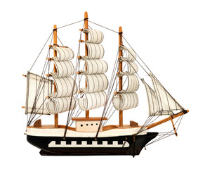 Sailing ship on a white background. Wooden children's toy ship isolate